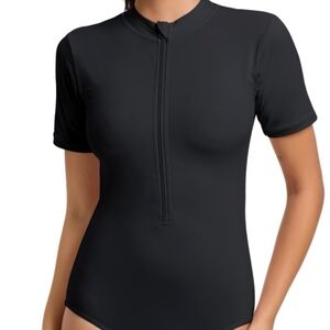 Small New Black Short Sleeve Zip-Up Swimsuit One Piece Sleeves Surfing